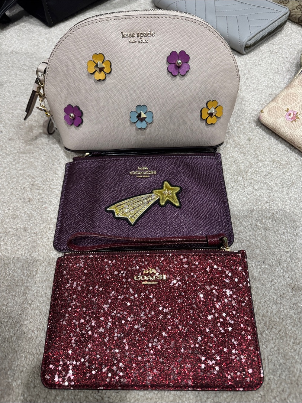 Pick 1: Coach Red Glitter, Coach Star Wristlet,OR Floral-Embellished Cream Pouch